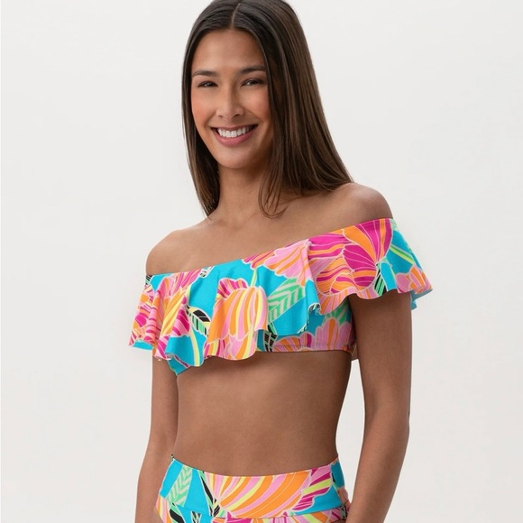 Trina Turk Womens Bikini Poppy Off The Shoulder Ruffle Bandeau Size 6 - Picture 1 of 11